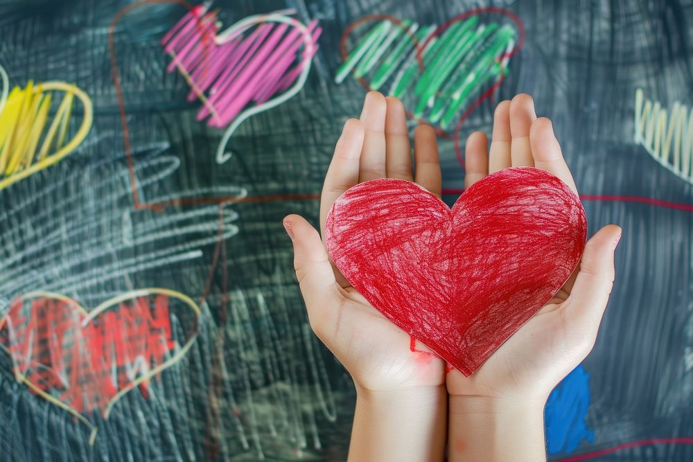 Child hands holding red heart finger creativity romance.