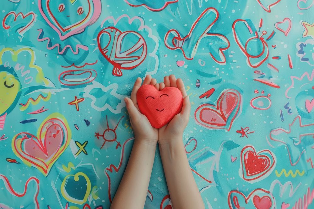 Child hands holding red heart backgrounds finger representation.