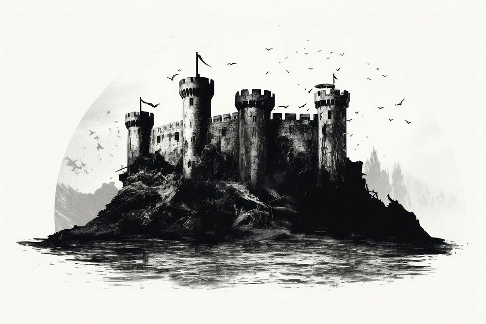 Silkscreen of castle architecture building silhouette.