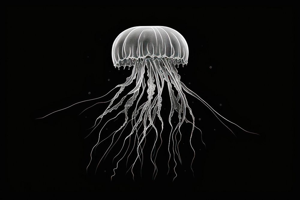 Silkscreen of jellyfish invertebrate underwater monochrome.