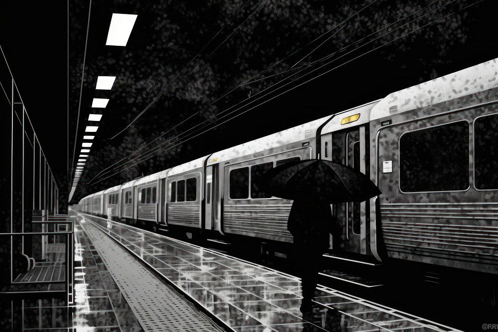 Silkscreen of train station vehicle subway adult.