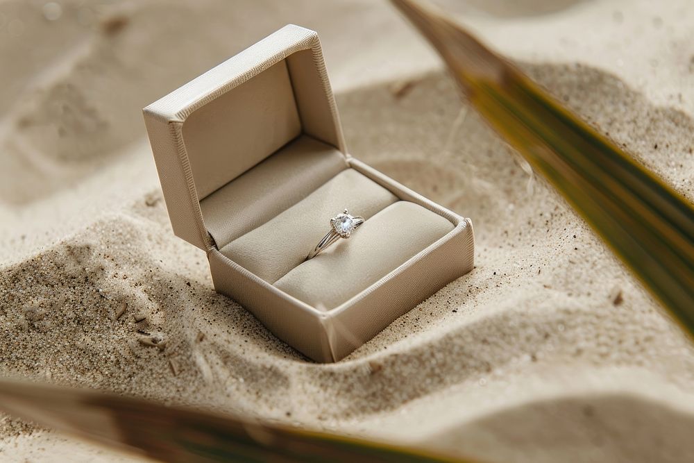 Wedding ring in box on sand jewelry diamond accessories.