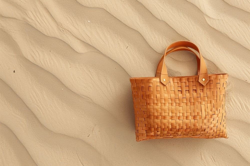 Beach basket on sand handbag accessories copy space.