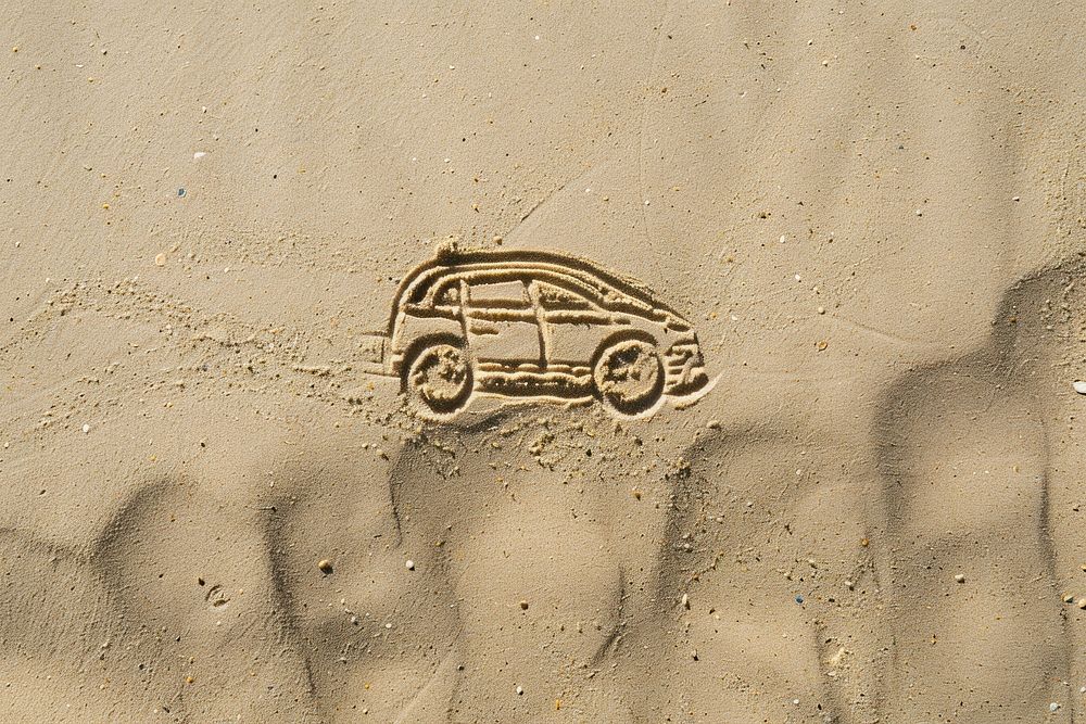 Car icon drawing on sand footprint outdoors vehicle.