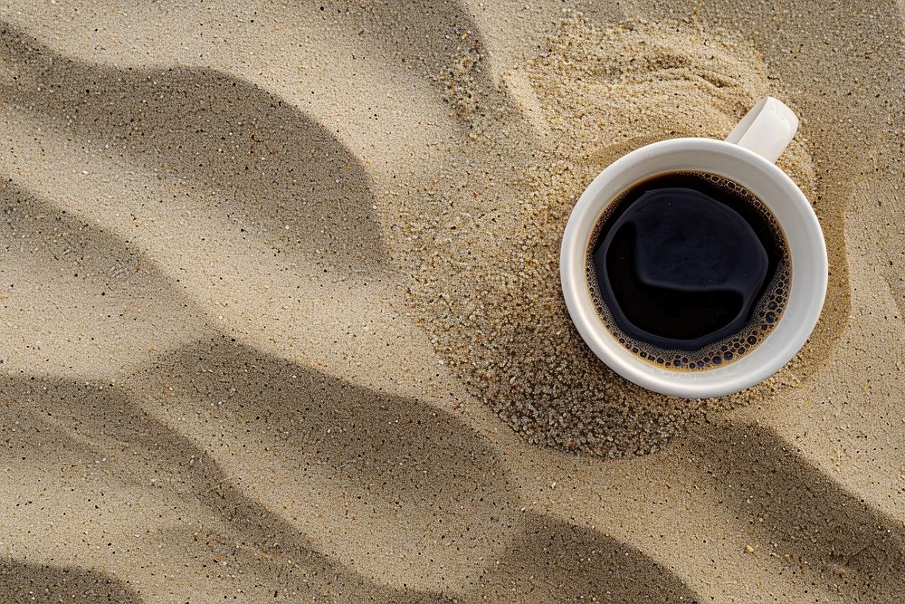 Coffee cup on sand backgrounds outdoors drink.