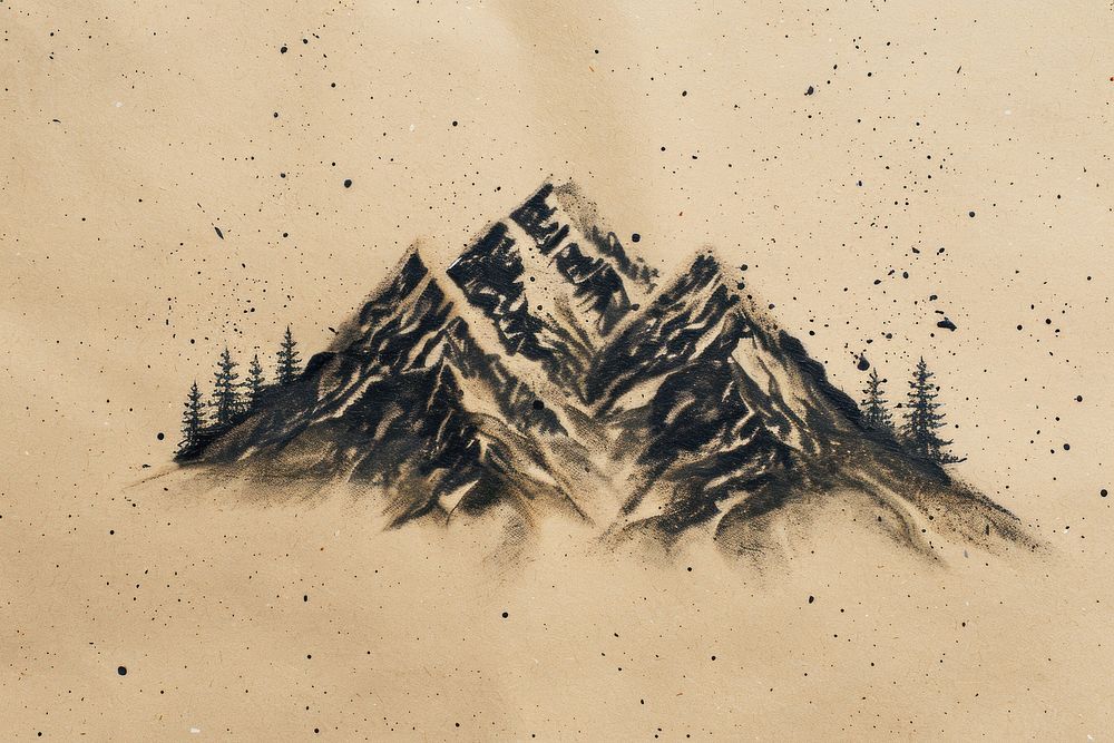 Mountain icon drawing on sand nature snow calligraphy.