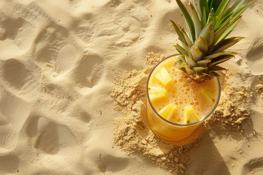 Pineapple juice on sand outdoors summer nature.