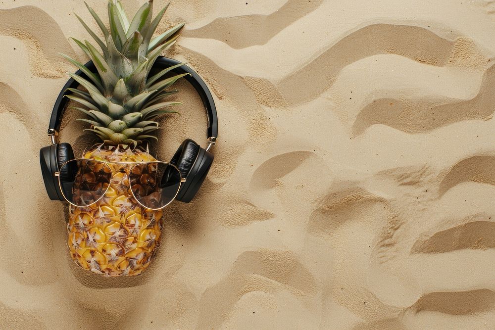 Pineapple with sunglasses and headphones on sand outdoors nature fruit.
