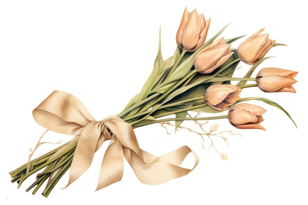 Bouquet of tulips with craft paper wrapped cornet tied with a separate beige canvas ribbon flower plant white background.