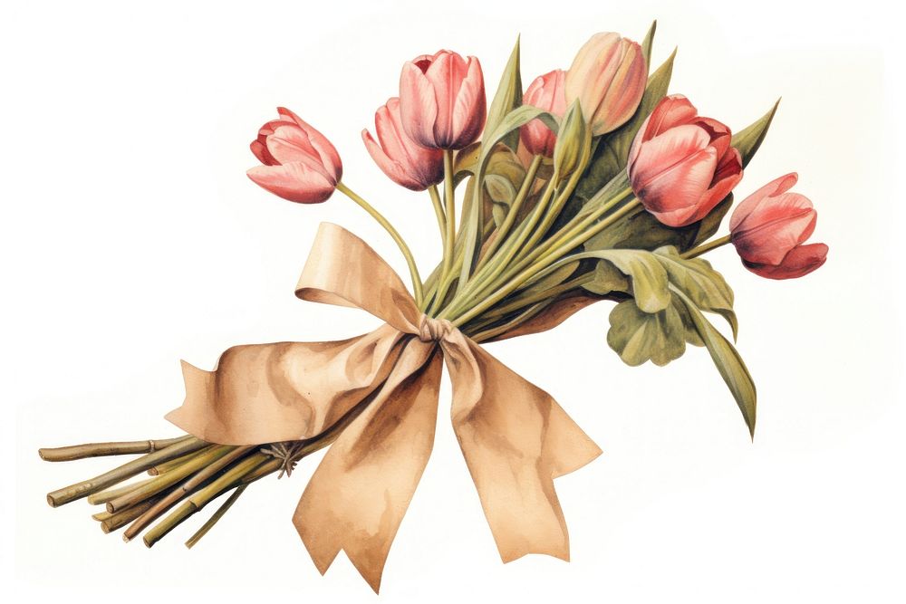 Bouquet of tulips with craft paper wrapped cornet tied with a separate beige canvas ribbon painting flower plant.