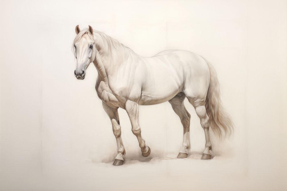 White horse full body painting drawing animal.