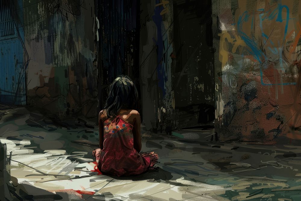 Young girl sitting in slums painting street city.