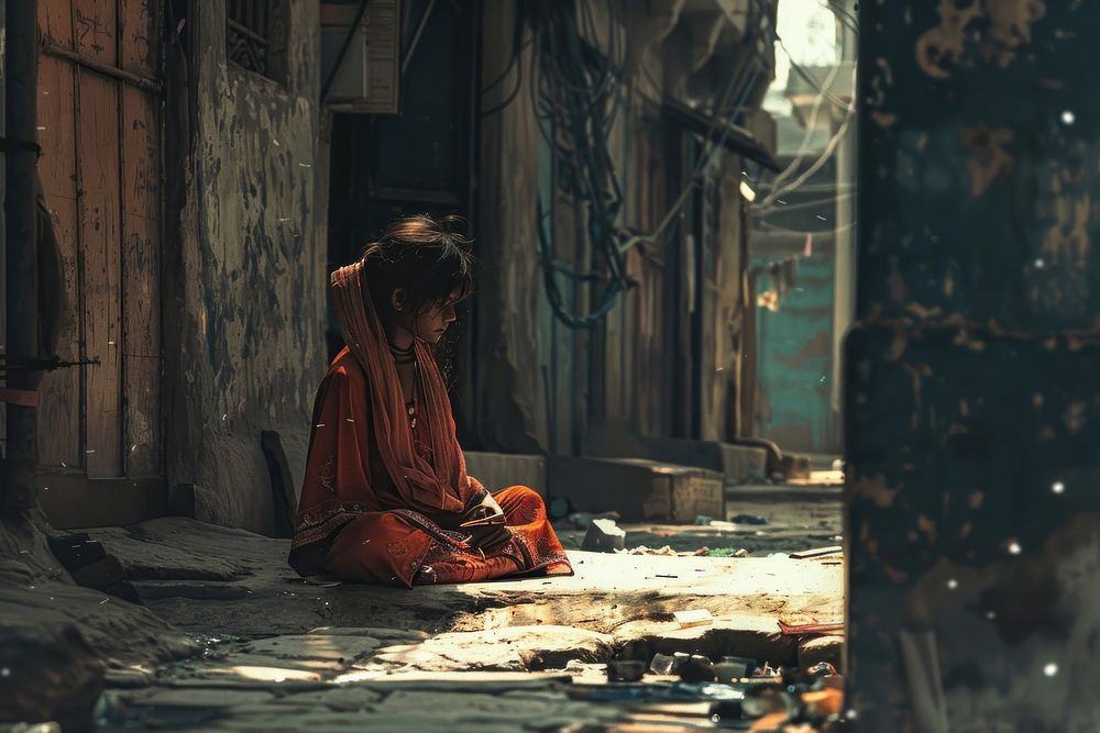 Young girl sitting in slums infrastructure homelessness hopelessness.