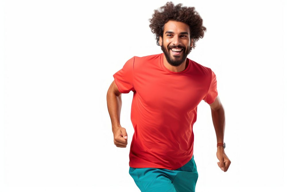 Man Jogging wear color t-shirt laughing portrait jogging.