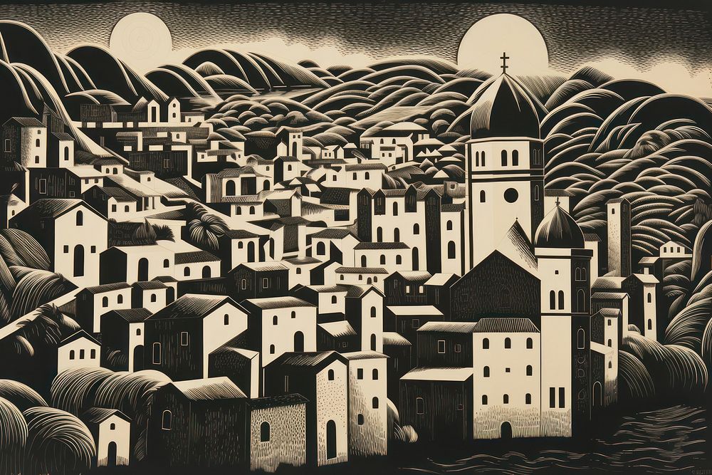 Style of linocut prints italy architecture building painting.