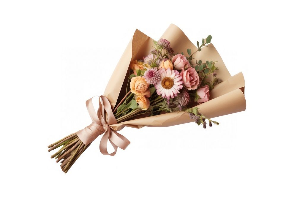 Bouquet of flowers with craft paper wrapped cornet tied with a separate beige canvas ribbon plant rose white background.