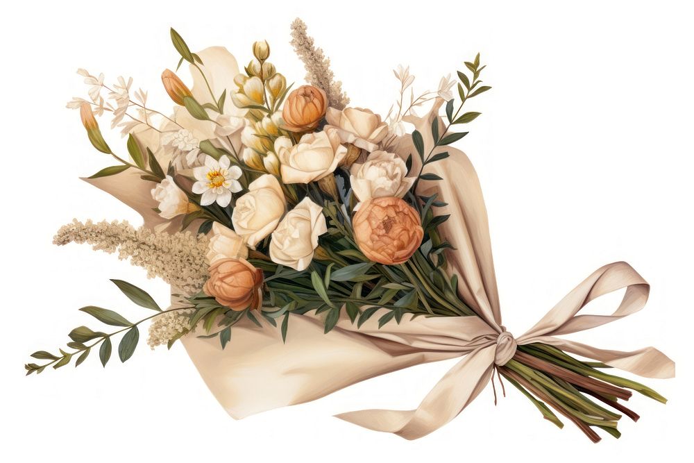 Bouquet of flowers with craft paper wrapped cornet tied with a separate beige canvas ribbon plant rose white background.