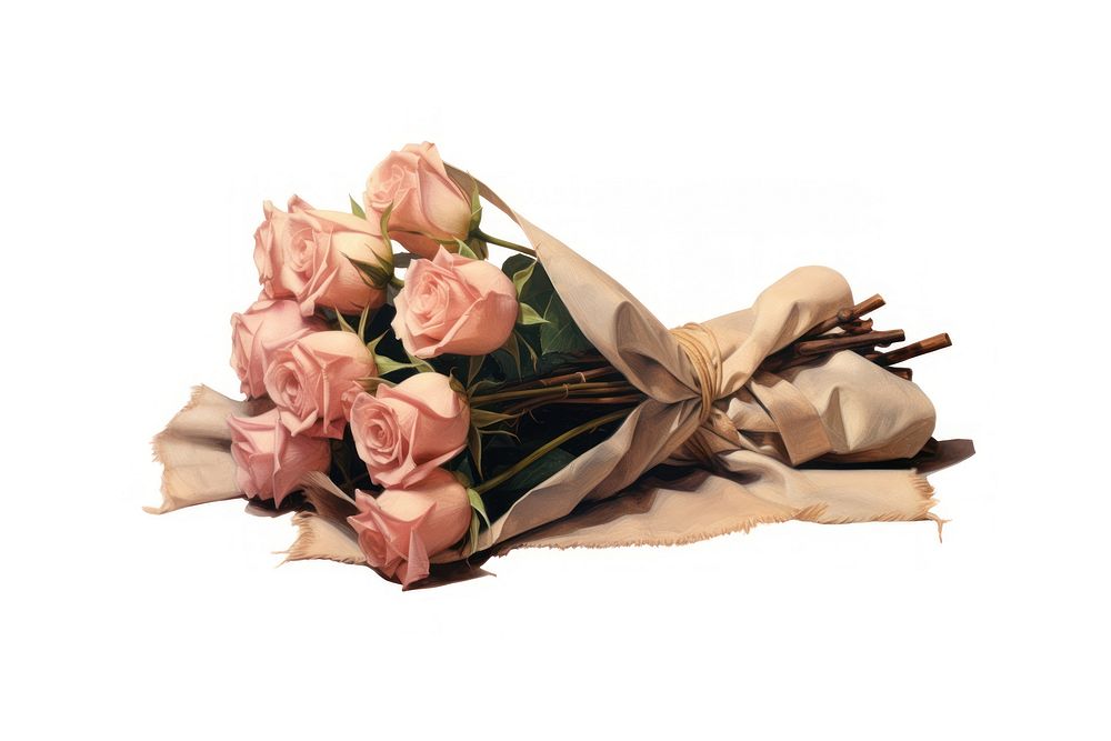 Bouquet of roses with craft paper wrapped cornet tied with a separate beige canvas ribbon flower petal plant.