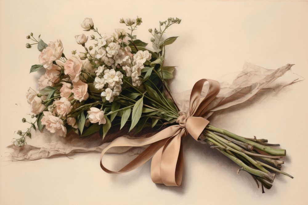 Bouquet of flowers with craft paper wrapped cornet tied with a separate beige canvas ribbon plant white rose.