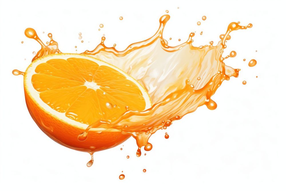Orange with a splash of orange juice grapefruit food white background.