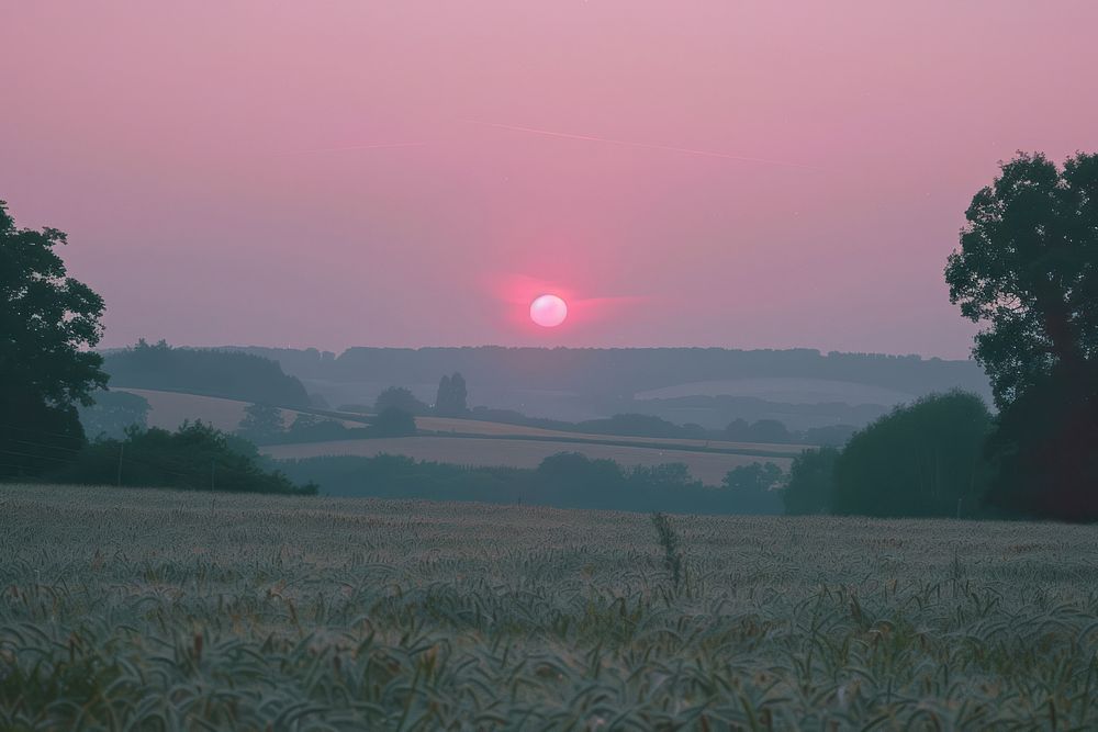 Summer sunrise over fields agriculture landscape outdoors.