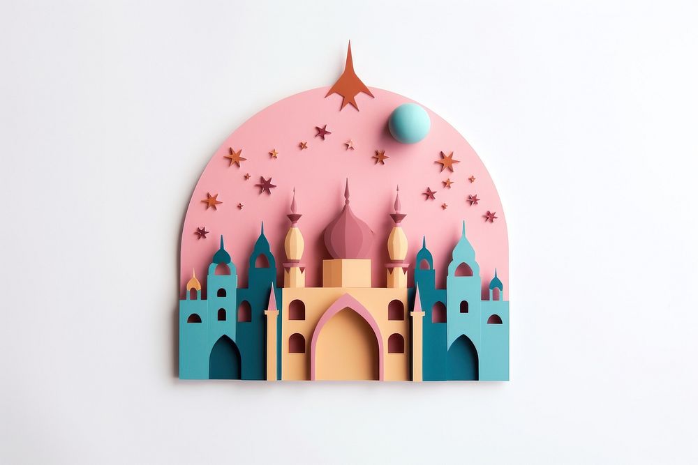 Color paper cutout illustration of a ramadan architecture craft representation.