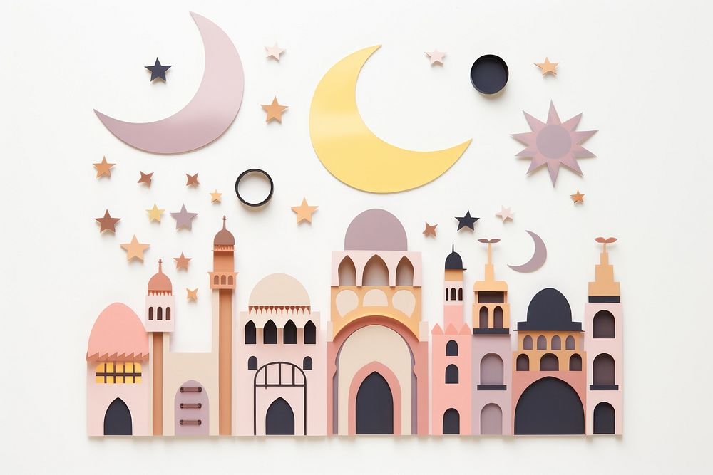 Color paper cutout illustration of a ramadan architecture building wall.