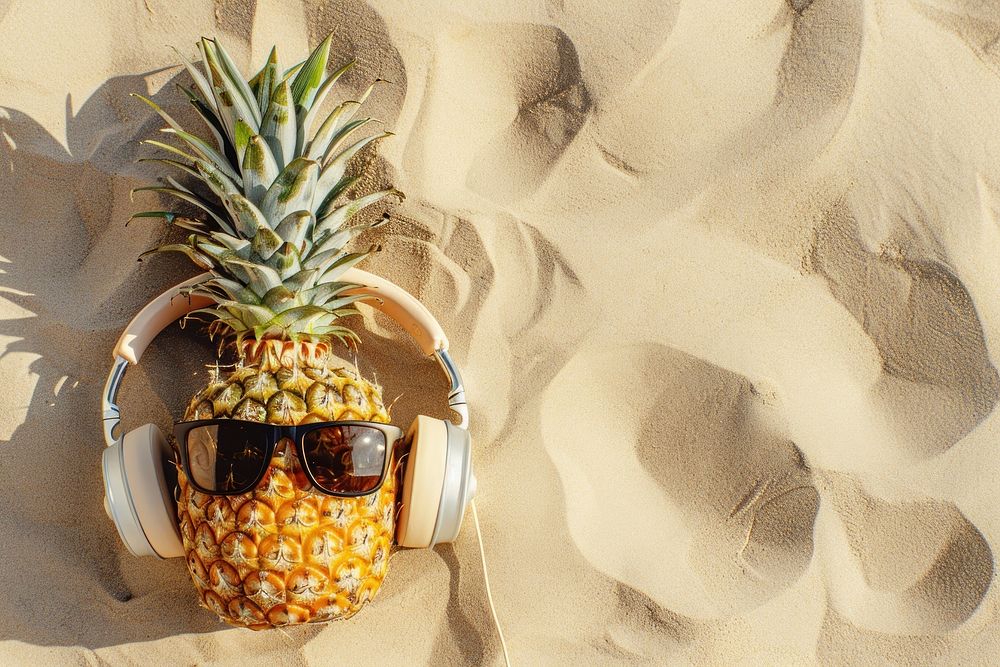 Pineapple with sunglasses and headphones on sand plant fruit bromeliaceae.