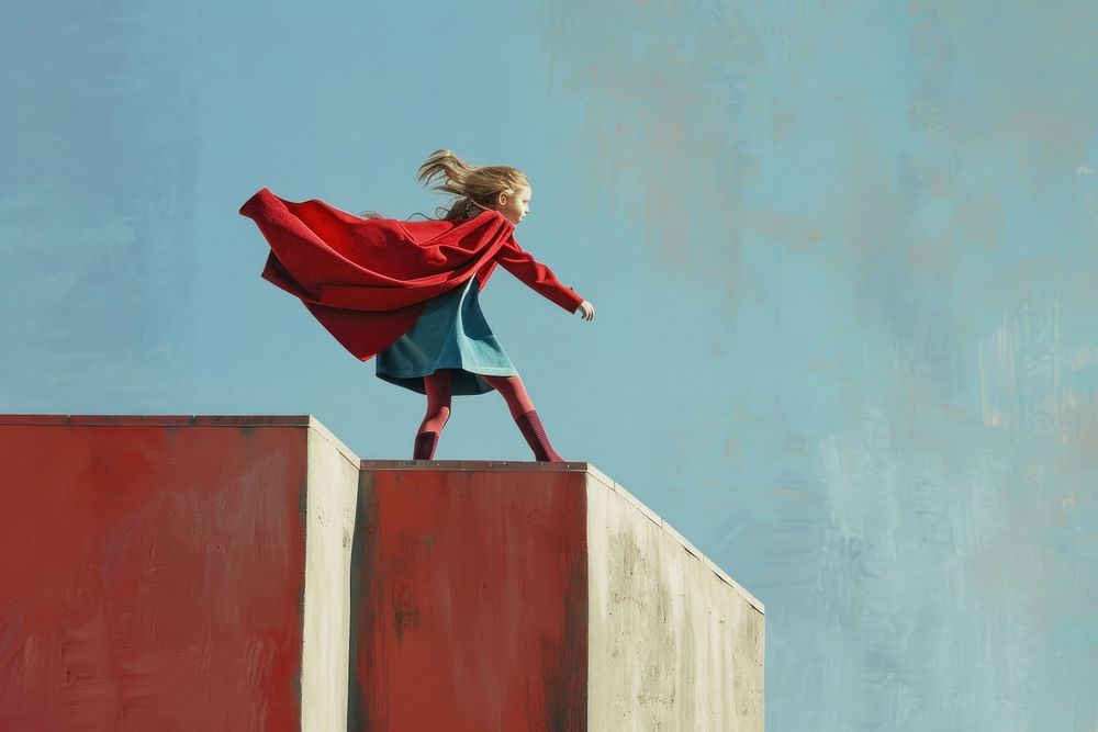 Girl plays superhero architecture standing vitality.