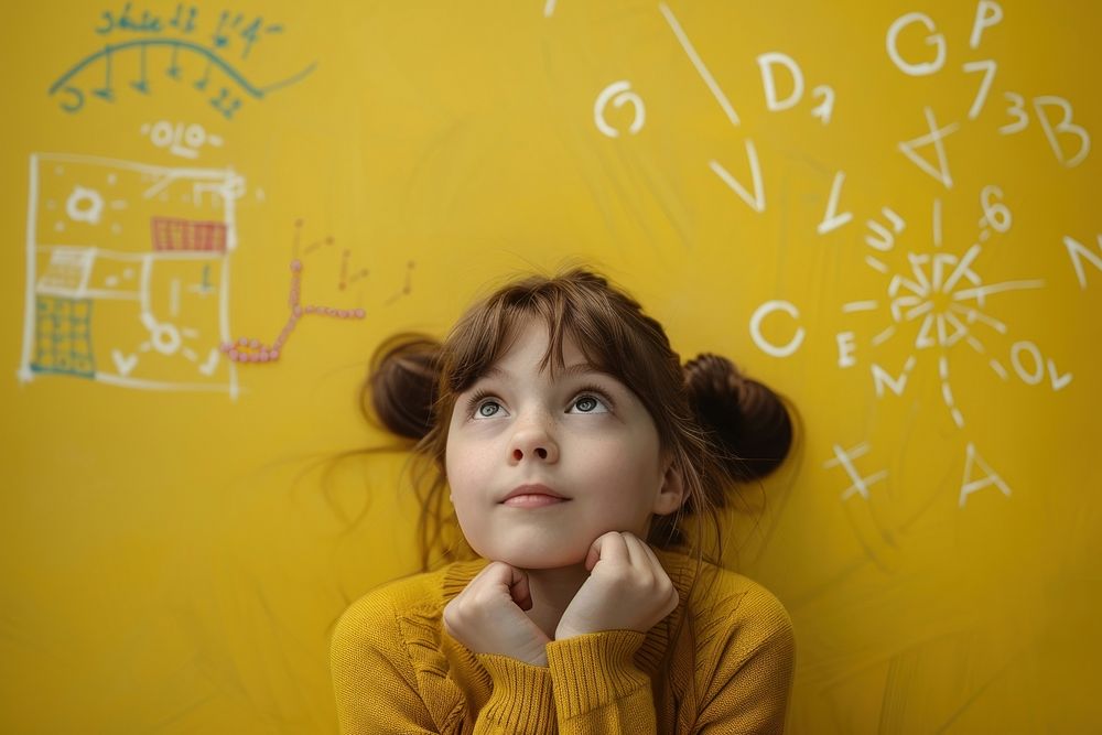 Girl solving mathematical portrait child girl.