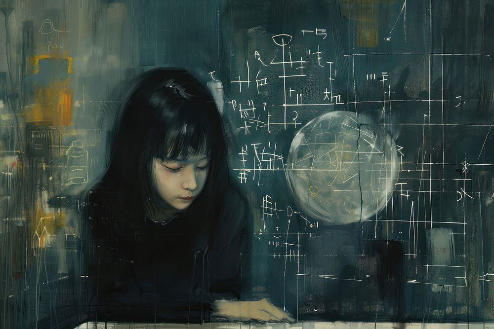 Girl solving mathematical painting portrait art.