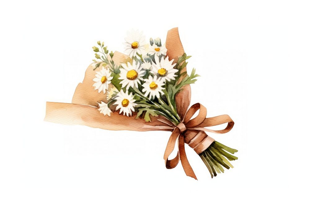 Bouquet of daisies with craft paper wrapped cornet tied with a separate beige canvas ribbon flower daisy plant.