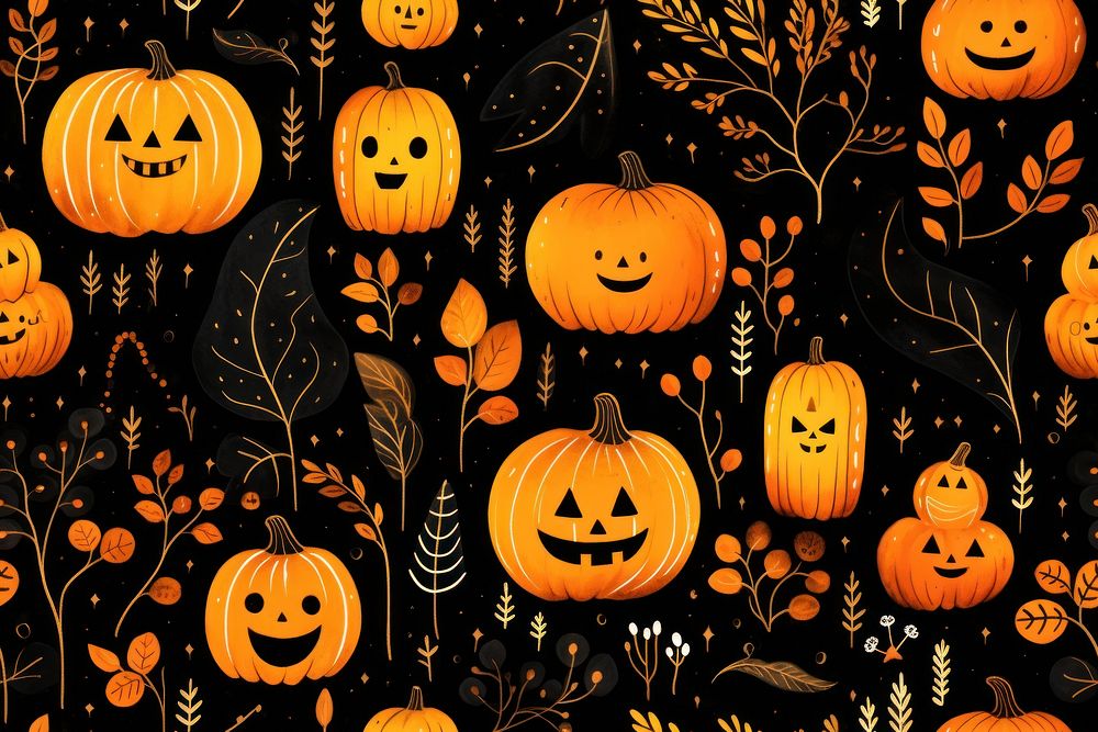 Hand draw illustration gouache texture of halloween pattern anthropomorphic jack-o'-lantern.
