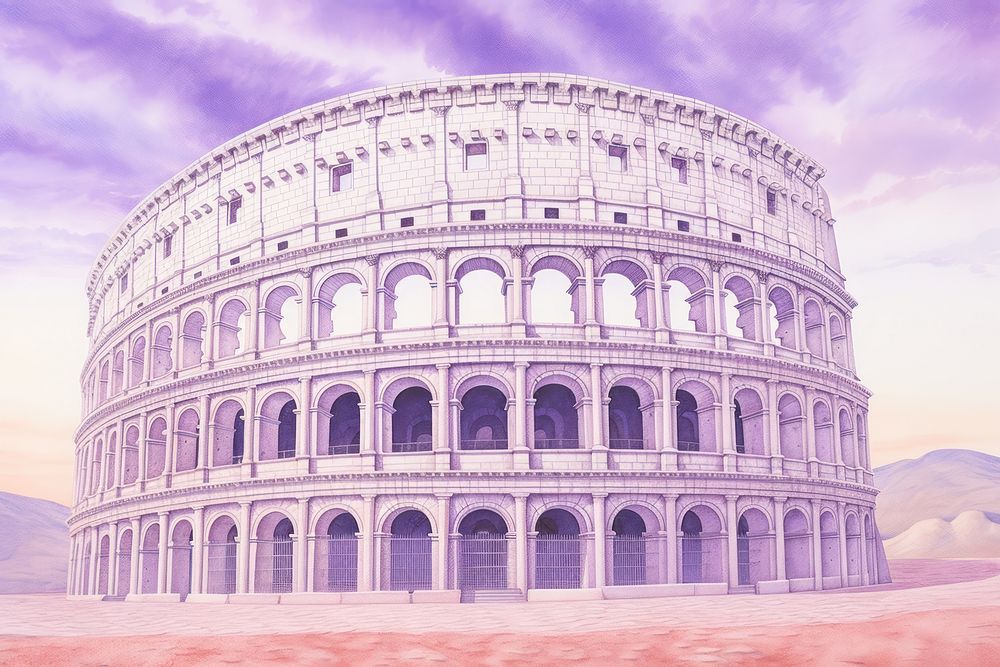 Illustration of a pastel purple colosseum in italy floating in space landmark architecture amphitheater.