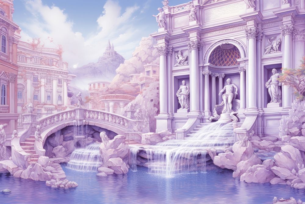 Illustration of a pastel purple trevi fountain in italy floating in space architecture outdoors city.