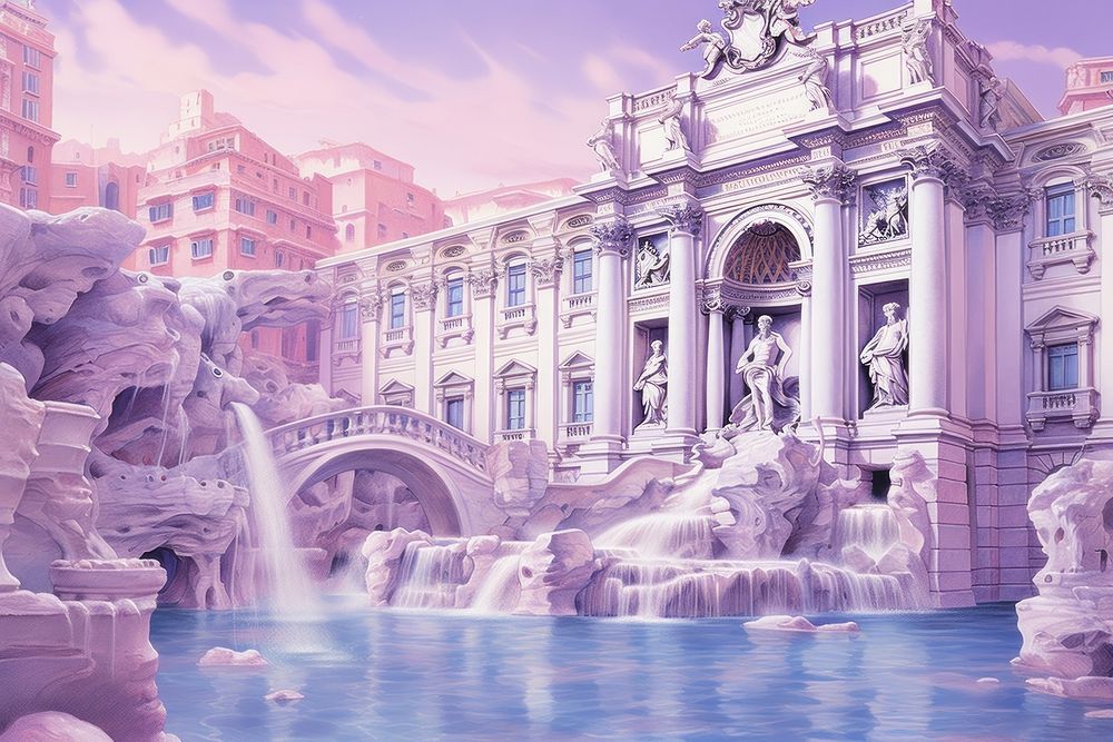 Illustration of a pastel purple trevi fountain in italy floating in space architecture outdoors nature.