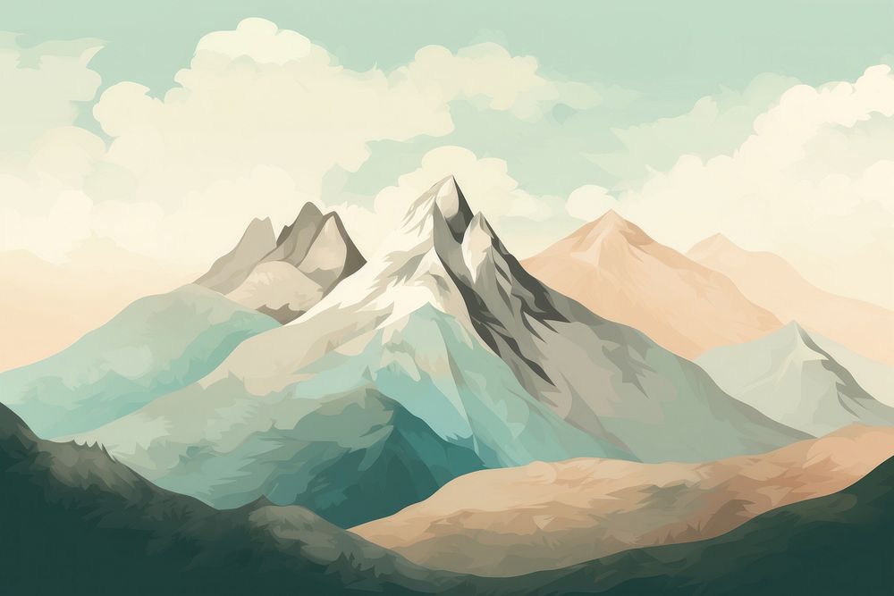 Illustration of serene mountain landscape outdoors painting.