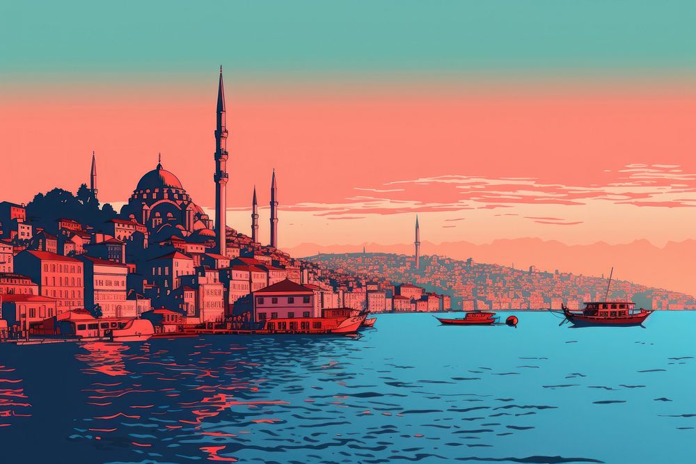 Istanbul risograph architecture waterfront cityscape.