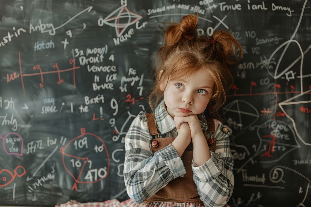 Math formulas and problems blackboard child girl.