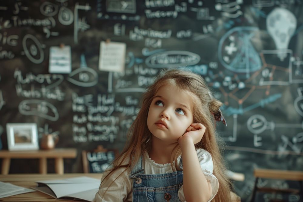 Math formulas and problems blackboard child girl.