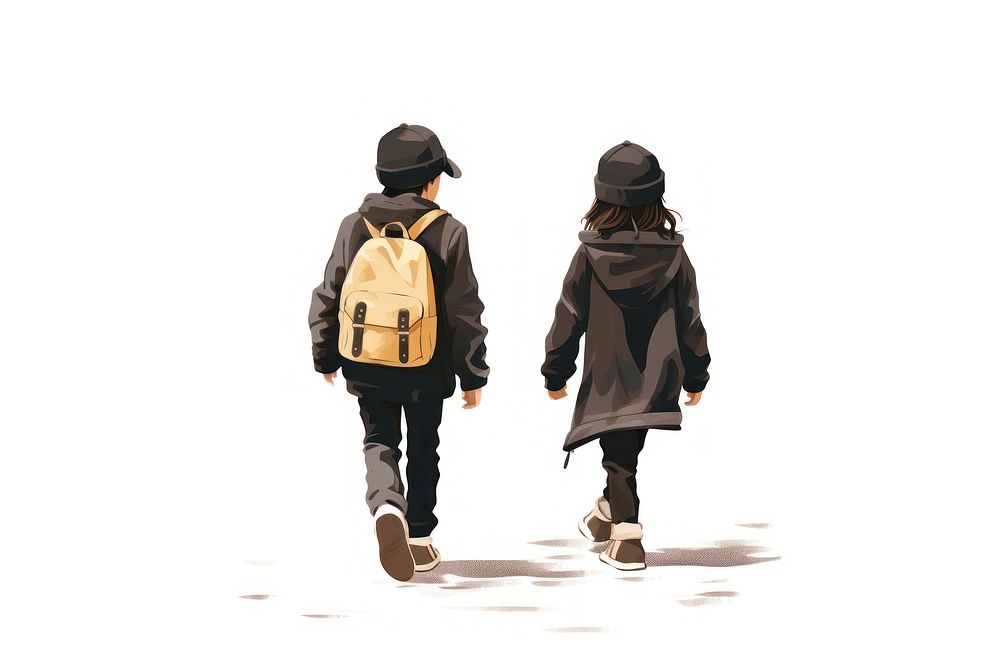 Back view of two little kids with black backpacks walking footwear adult bag.