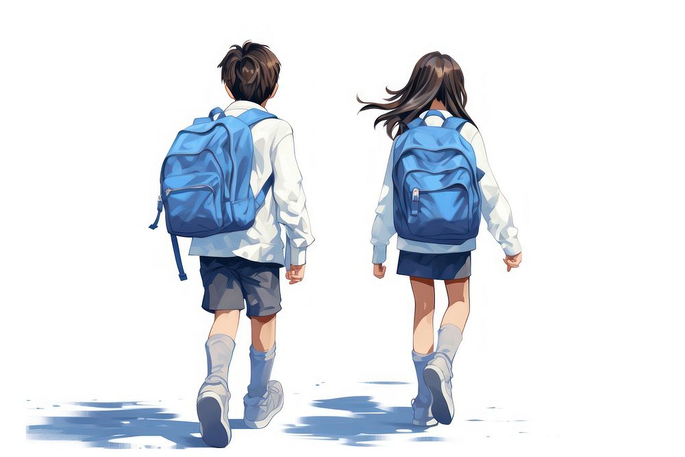 Back view of two little kids with blue backpacks walking footwear shorts white background.