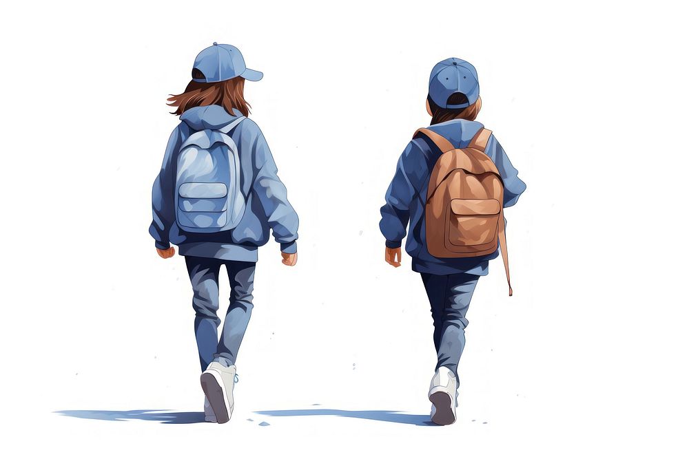 Back view of two little kids with blue backpacks walking footwear bag white background.