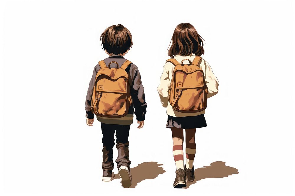 Back view of two little kids with black backpacks walking footwear child white background.