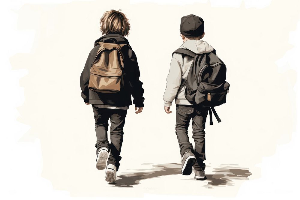 Back view of two little kids with black backpacks walking footwear jacket togetherness.