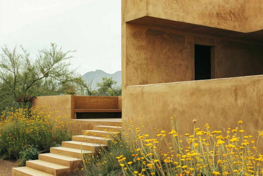 Home with desert landscaping architecture staircase building.