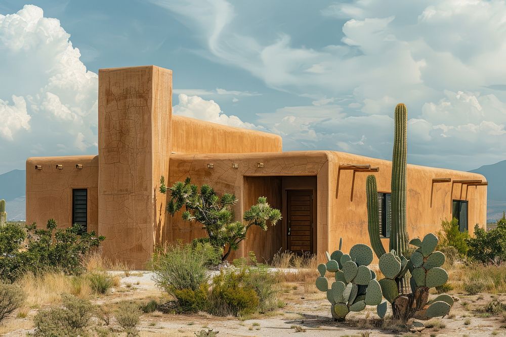 Home with desert landscaping architecture building outdoors.