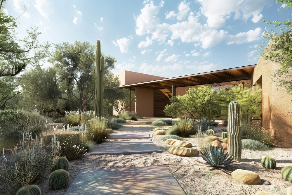 Home with desert landscaping architecture outdoors backyard.