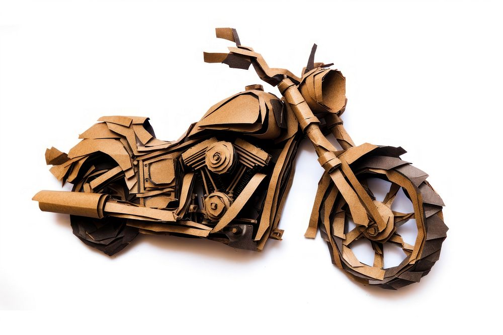 Motorcycle ripped paper craft vehicle white background transportation.
