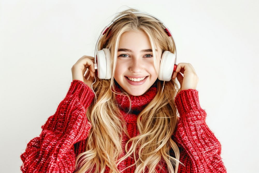 Young woman blond long hair enjoying happy and cheerful using headphone headphones listening portrait.